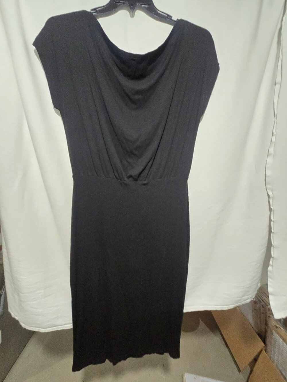 Amazon Brand Black Ribbed Off-Shoulder Midi Dress Size L Draped Neck EUC Worn 1x